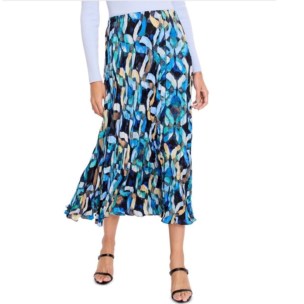 NIC+ZOE Wave Links Midi Skirt Blue Multi A-Line Elastic Waist Large